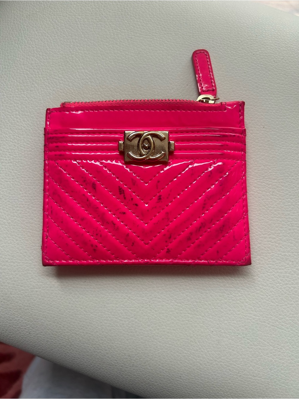CHANEL Hot Pink Patent Chevron Card Holder with CC Hardware